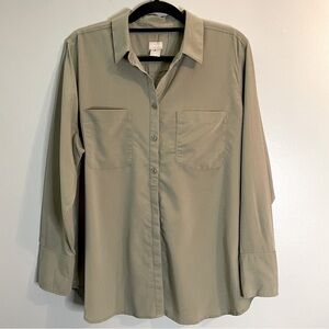 CHICO’S Womens Button Down Shirt Olive Green Long Sleeve SZ/3